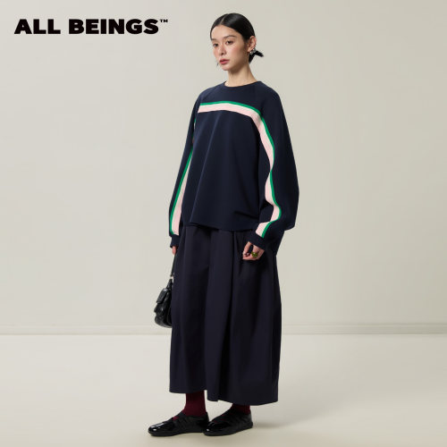 ALL BEINGS26SS新款立体剪裁藏青茧型卫衣式宽松显瘦连衣裙套装女