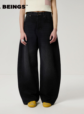 ALL BEINGS26SS春季新款宽松显瘦黑色复古弯刀阔腿牛仔长裤女