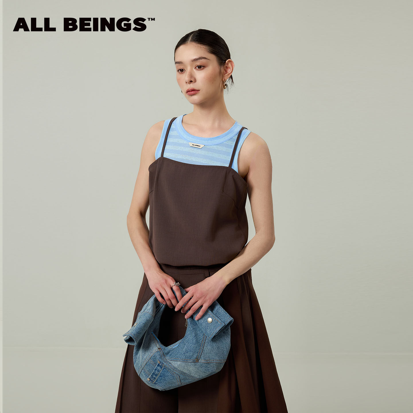 ALL BEINGS2026SS夏季新款蓝条纹撞色叠穿假两件轻薄无袖上衣