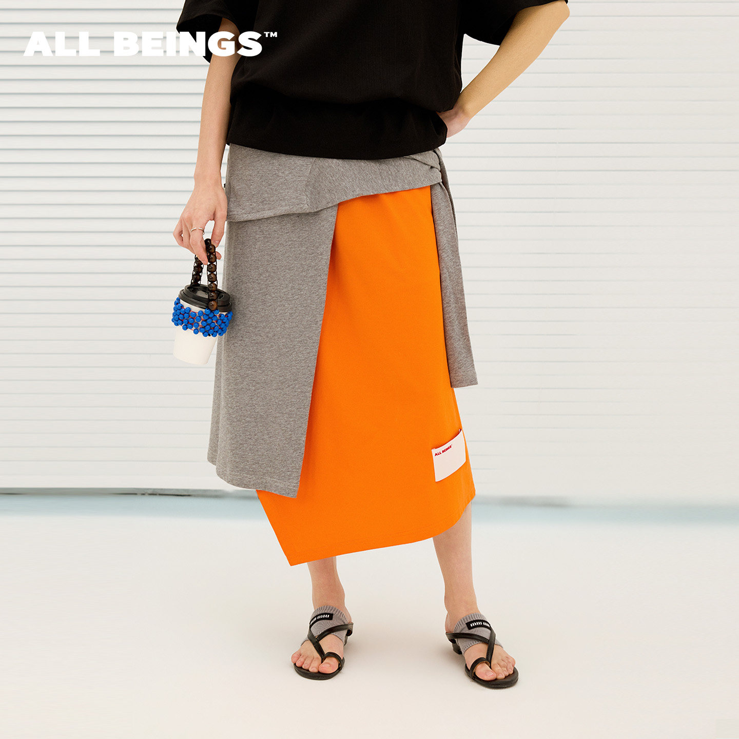 ALL BEINGS26SS夏季新款撞色不规则T恤式层叠解构针织半身长裙