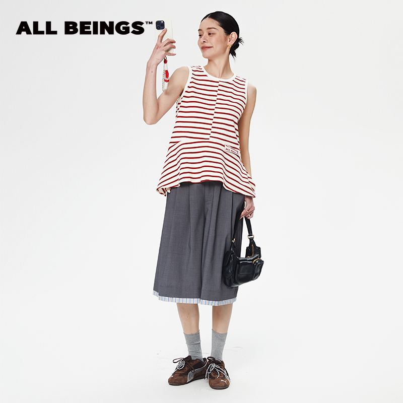 ALL BEINGS2025SS时尚轻薄设计感红白条纹裙摆外穿背心女夏季新款