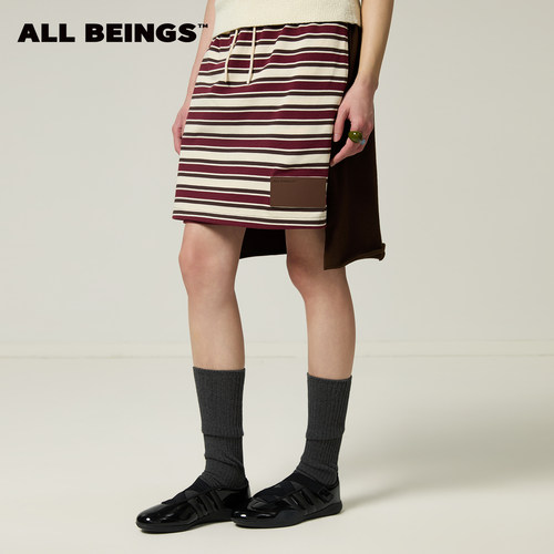ALL BEINGS2026SS夏季新款彩条纹撞色A摆针织抽绳半身短裙