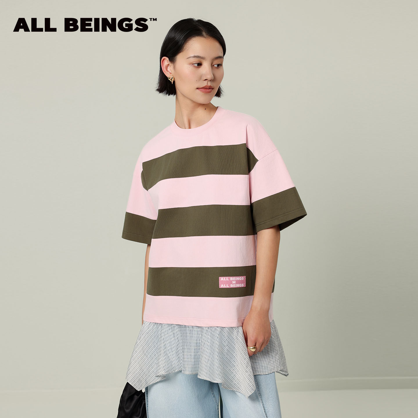 ALL BEINGS2026SS夏季新款原创贴布绣拼接裙摆粗条纹圆领短袖T恤