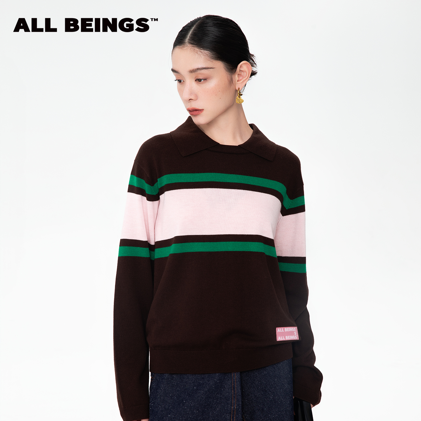 ALL BEINGS25AW原创设计师彩色间条翻领羊毛针织衫女秋季新款