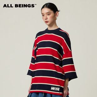 ALL BEINGS26SS后背开扣oversize复古撞色条纹圆领针织衫春夏新款