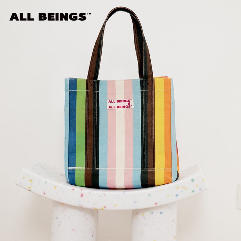 ALL BEINGS2025SS 新品百搭时尚大容量 彩色条纹高克重帆布托特包