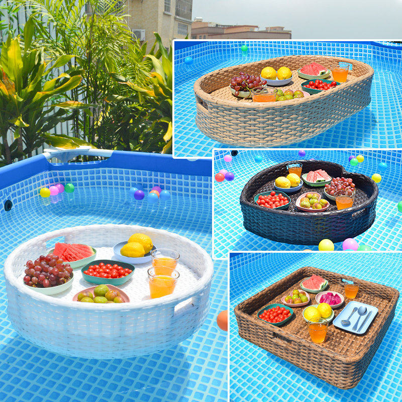 藤艺漂浮桌水上漂浮早餐托盘网红藤编篮子民宿酒店别墅泳池漂浮盘