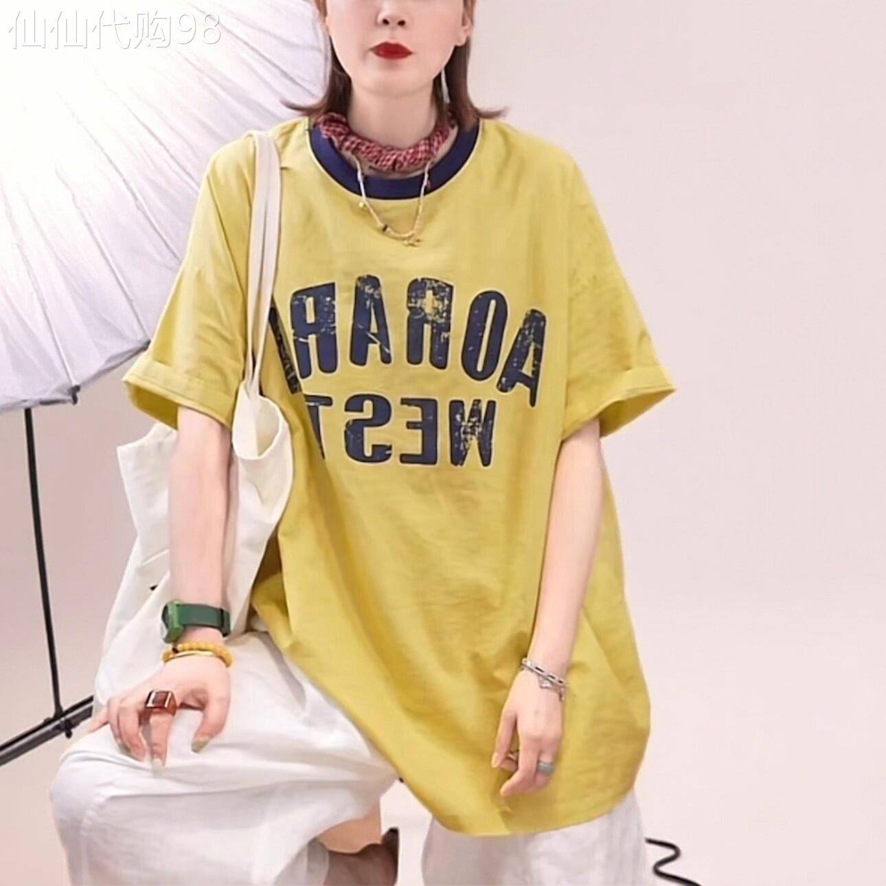 香港潮牌字母印花亚麻中长版短袖T恤女2026夏季百搭显瘦宽松上衣