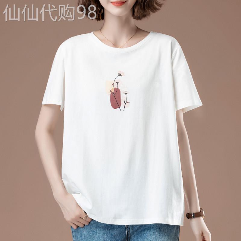 纯棉短袖t恤女夏季薄款加大码女装宽松胖mm显瘦休闲百搭印花上衣
