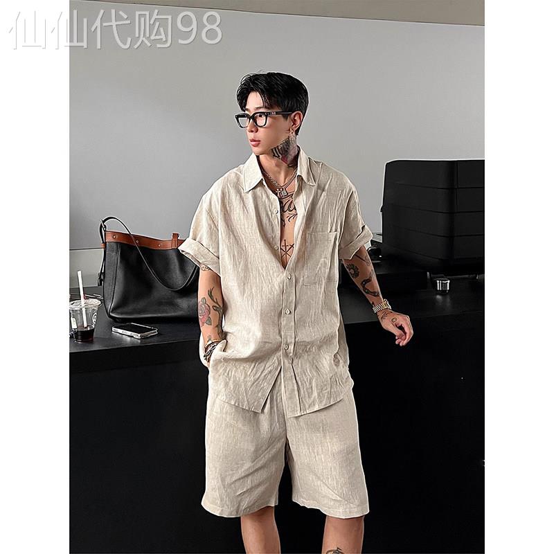 高端复古老钱风亚麻套装男士2026夏季薄款短袖衬衫棉麻短裤一整套