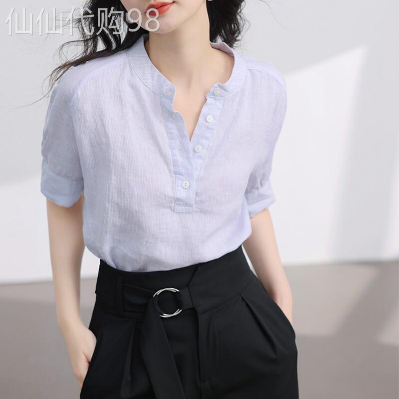 GOLUERJI日系轻奢 亚麻衬衫女夏季2026年新款气质显瘦V领短袖衬衫