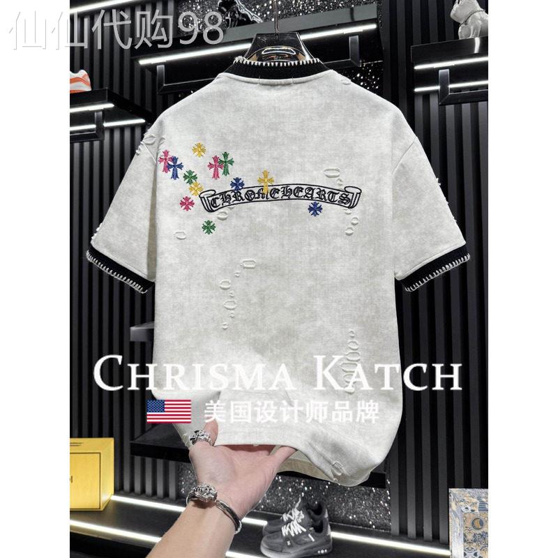 出口美国⭐Chrisma Katch~夏季高端刺绣短袖t恤宽松破洞半袖上衣