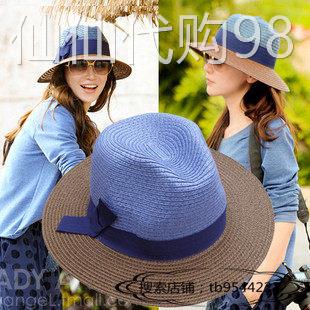 日本夏天度假遮阳帽女2025平沿拼色草帽小礼帽出游防晒沙滩太阳帽
