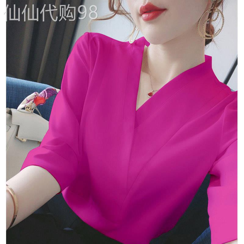 雪纺衬衫女短袖夏季2025年新款宽松洋气小衫纯色v领半袖t恤上衣