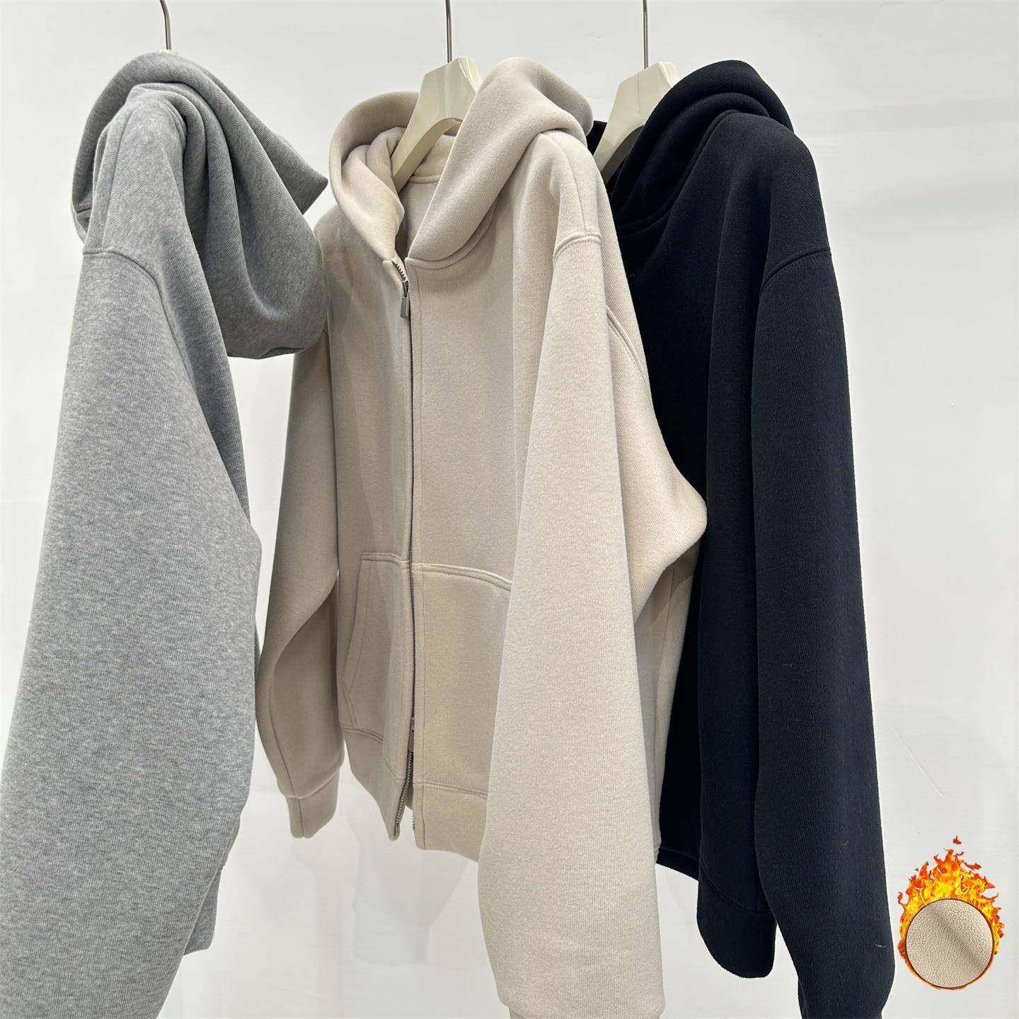 灰色双拉链加绒连帽卫衣女秋冬新款休闲宽松可内搭慵懒风外套上衣