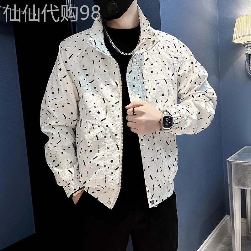香港2025新款衣服男潮流高级感外套春秋夹克白色印花褂子休闲上衣