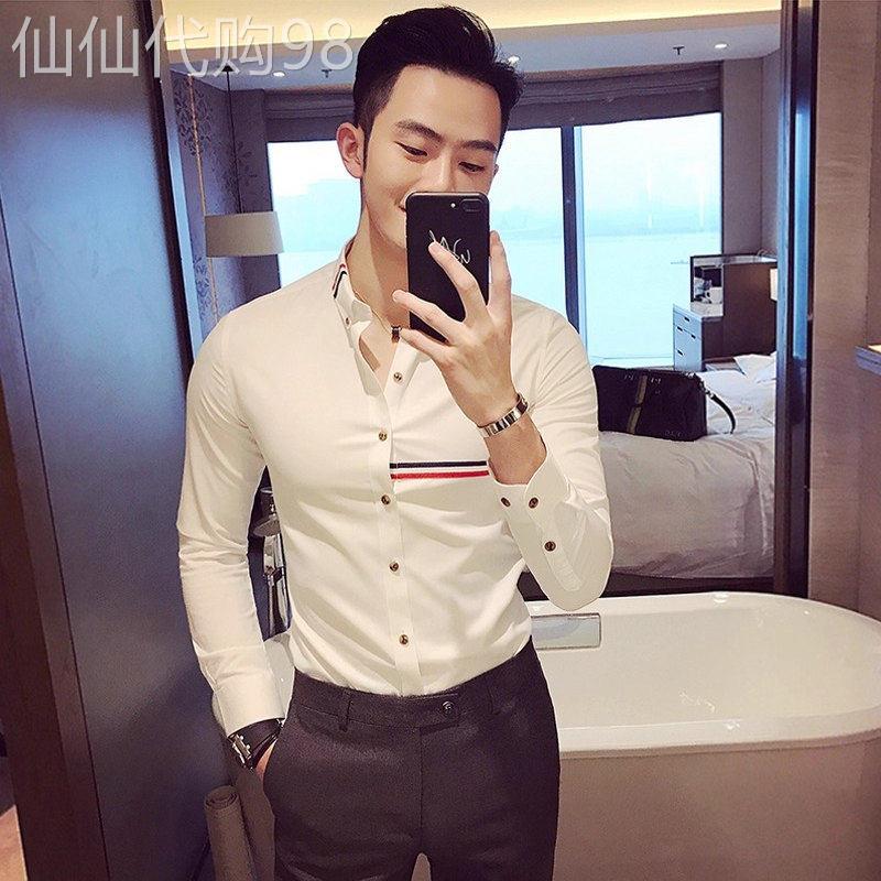 潮牌彩条装饰白衬衫男长袖春秋款修身小清新寸衣男休闲痞帅上衣潮