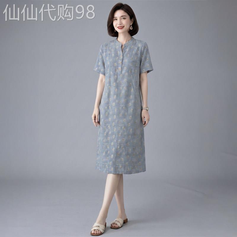 高级感气质亚麻洋装女2026夏装新款大尺码中长版显瘦宽松直筒裙子