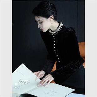 高级感轻奢减龄洋气内搭独特超好看法式钉钻黑色丝绒上衣冬衬衫女