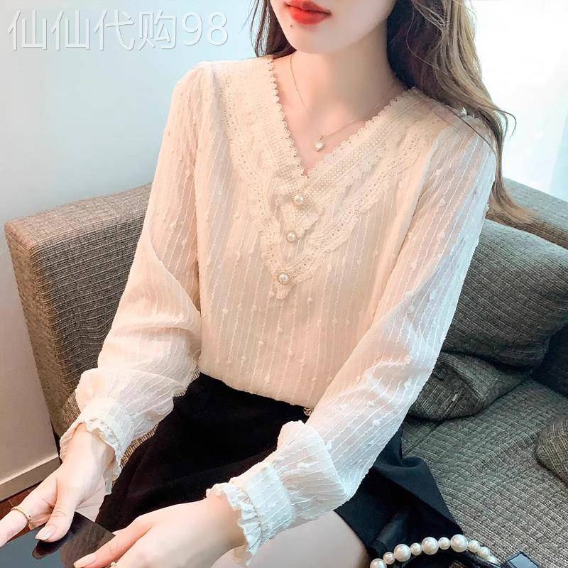 V领雪纺衬衫女春秋2026新款时尚洋派小衫内搭蕾丝打底衫长袖上衣