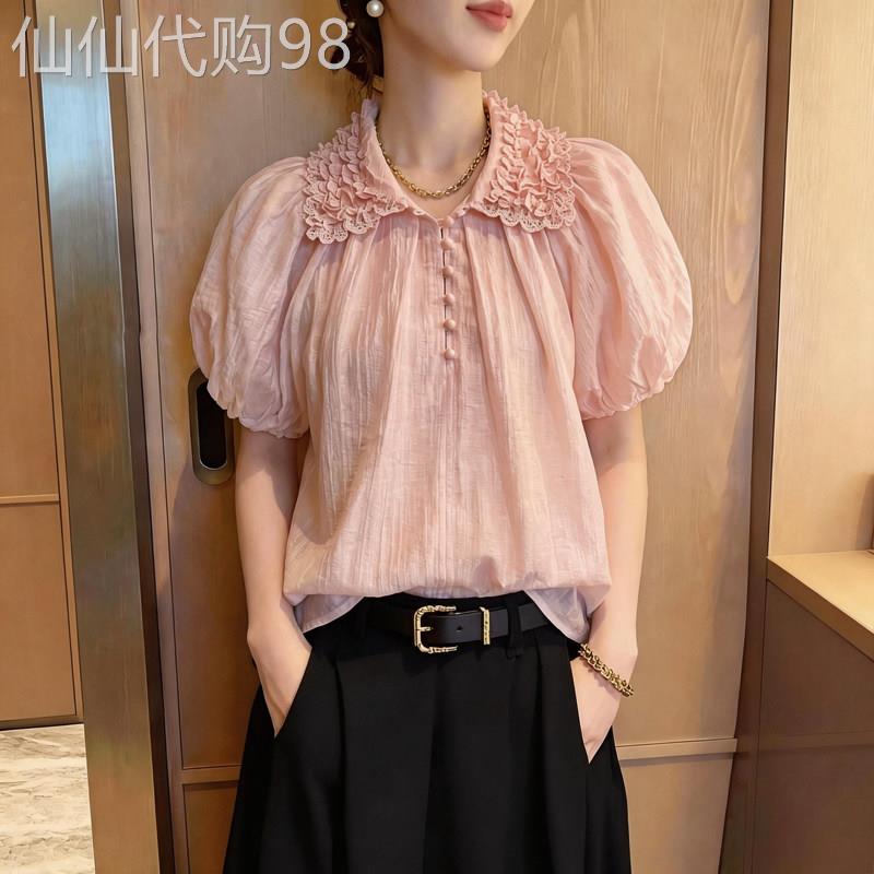 复古文艺风粉色泡泡袖花边衬衫女2026年夏季新款宽松短袖夏季上衣