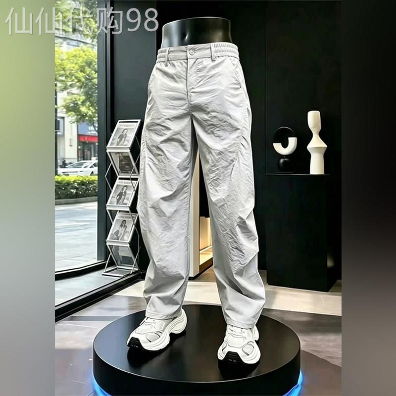 潮牌尼龙速干冲锋裤男2026夏季薄款褶皱冰丝裤潮流运动哈伦工装裤