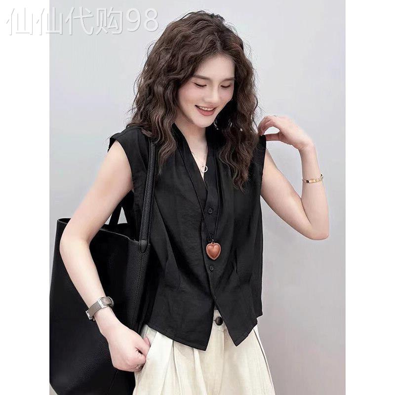 黑色雪纺衬衫女夏季薄款2026新款设计感小众短款无袖V领衬衫上衣
