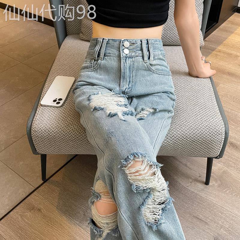 破洞牛仔裤女夏季薄款2026新款高腰宽松显瘦做旧超火直筒阔腿裤子