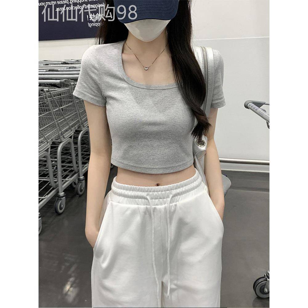 方领正肩短袖T恤女2025年夏季短款露脐小个子辣妹漏锁骨纯棉上衣
