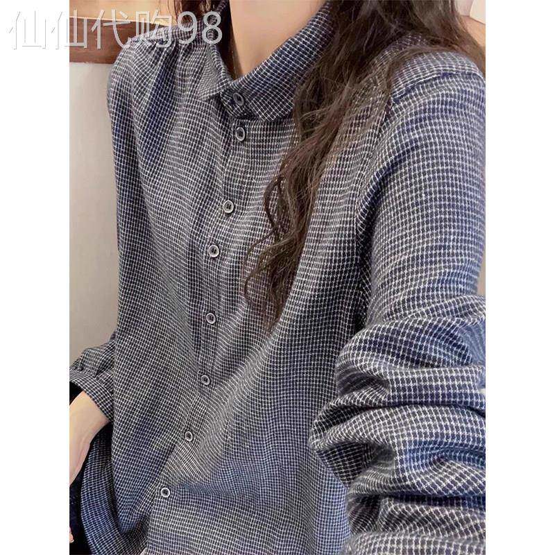 欧货小格子长袖衬衫女士2026春秋新款文艺复古灯笼袖翻领开衫衬衣