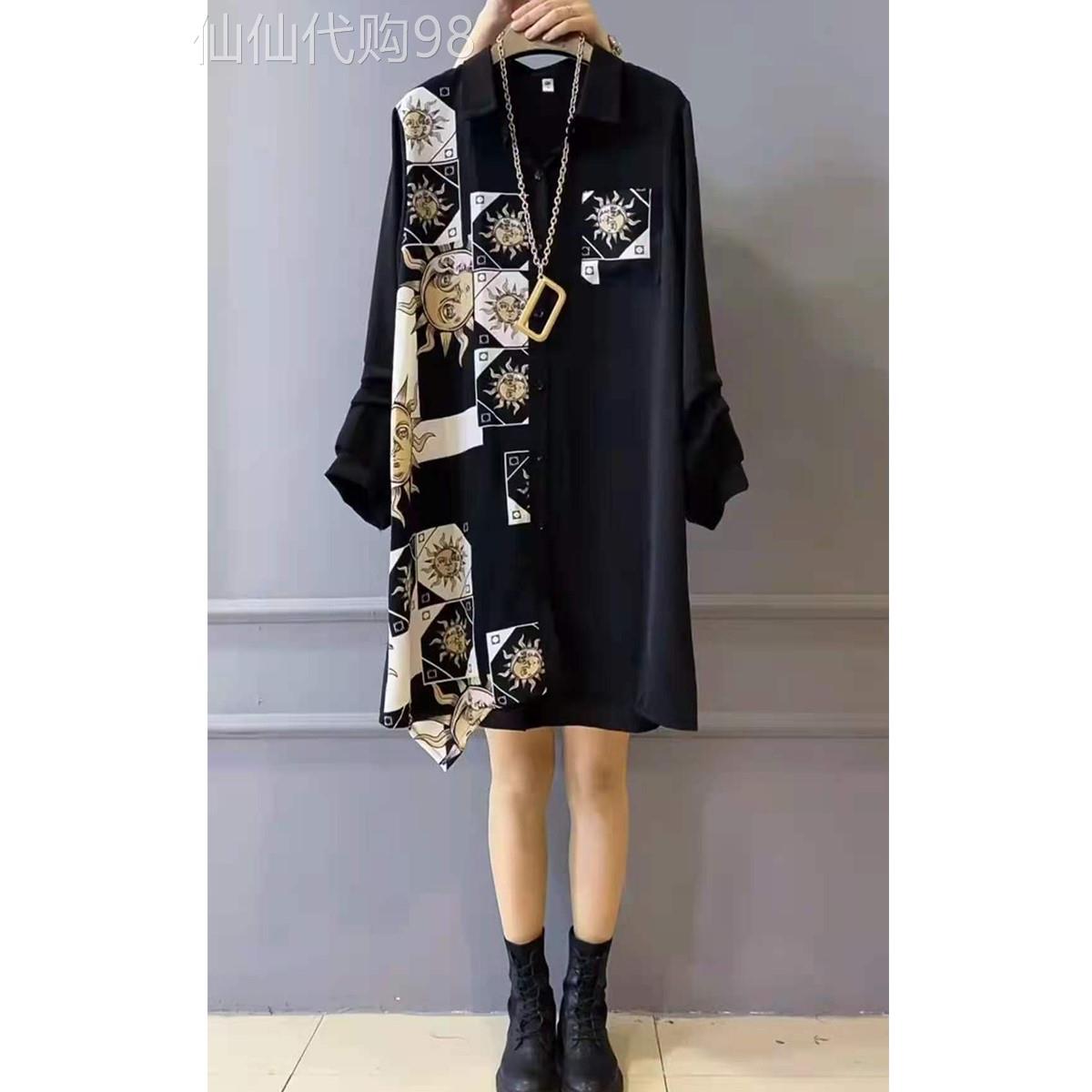 香港大码女装胖女孩春季新风格瘦身外观覆盖腹部的时尚拼接衬衫连