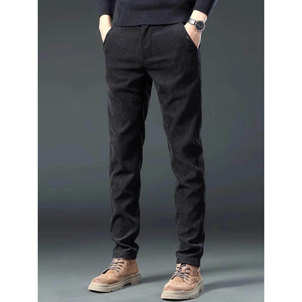 法国一线品牌黑色休闲裤男士修身直筒华夫格秋季新款商务休闲裤子
