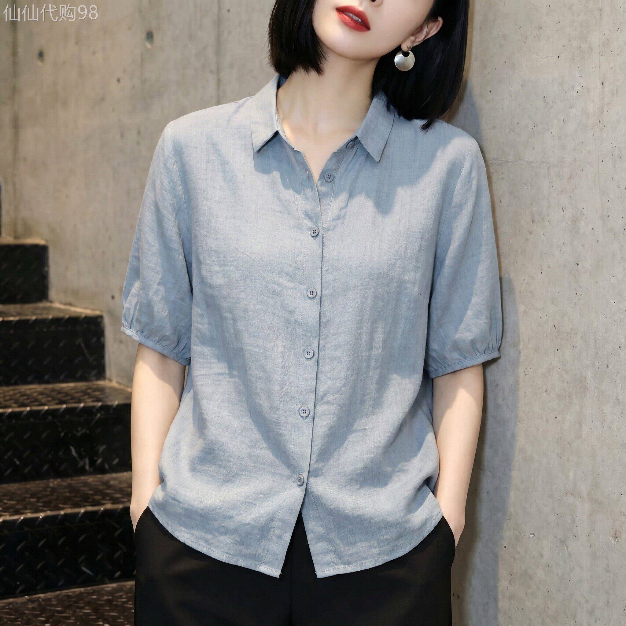 棉麻短袖衬衫女夏季薄款2026年新款复古时尚宽松显瘦气质衬衣上衣