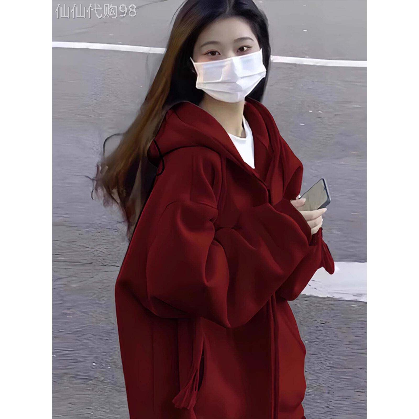酒红色开衫卫衣女2025秋冬新款加绒加厚连帽上衣高级感情侣装外套