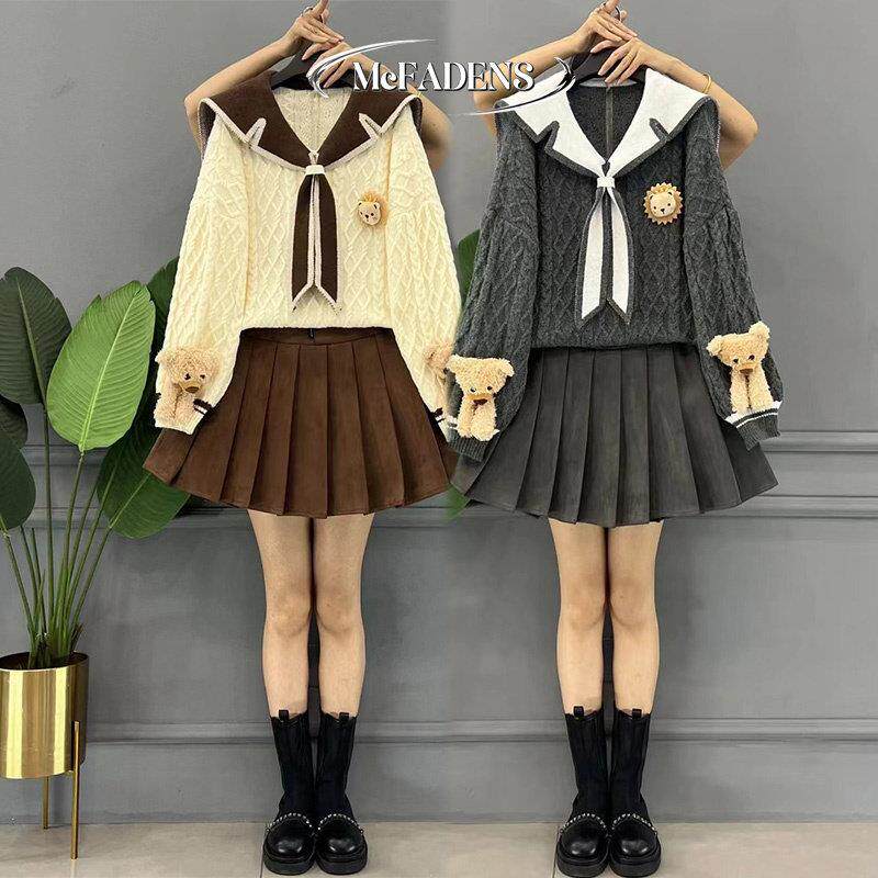 香港胖mm海军领设计针织上衣百褶裙两件套秋大码高级感减龄套装女