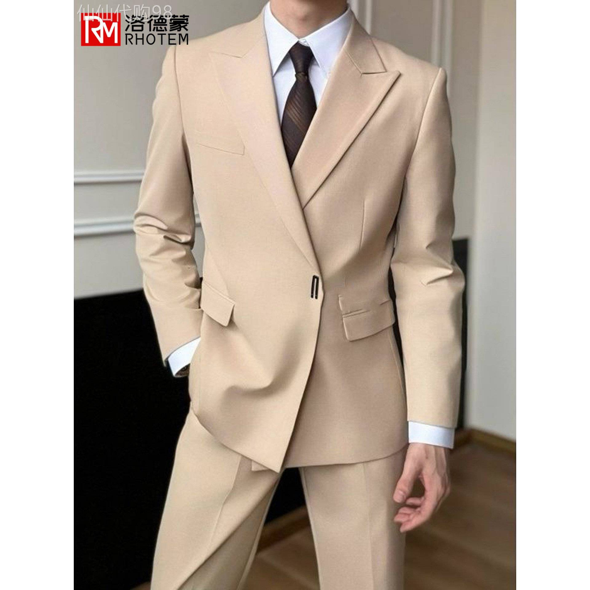 洛德蒙2025新款时尚外套小脚裤西裤男覆古潮流简约西服套装两件套
