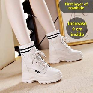 厚底米色短靴内增高9CM牛皮真皮马丁靴冬季袜子靴加绒棉靴小个瘦