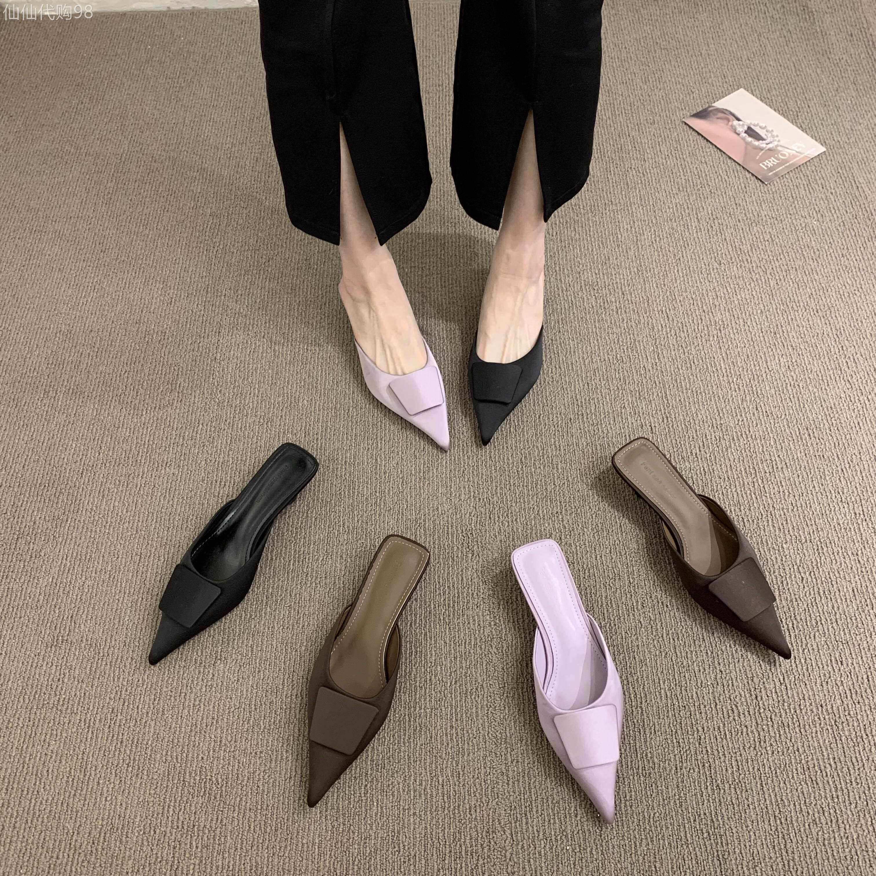 韩式粗跟包头凉鞋外穿穆勒半拖鞋紫色绸缎凉鞋女头层牛皮凉鞋女款