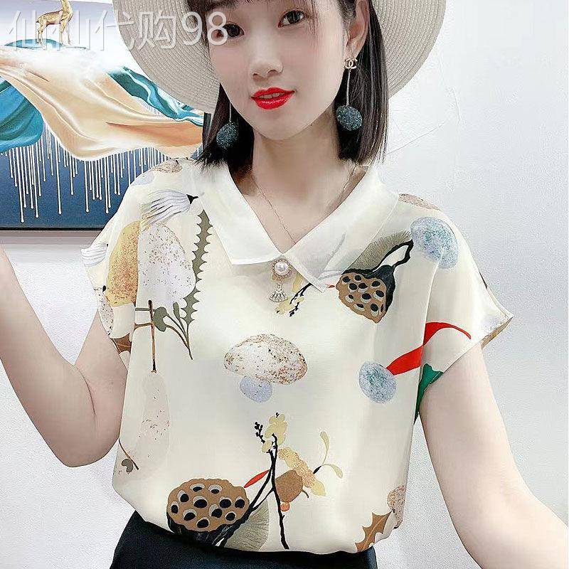 印花短袖衬衫女夏2025新款韩版宽松时尚气质娃娃领雪纺衫T恤上衣