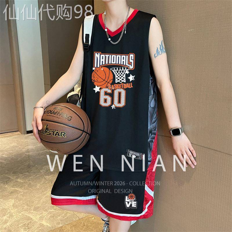 韩国WEN NIAN篮球服无袖短裤套装男款2026夏季美式速干比赛训练服