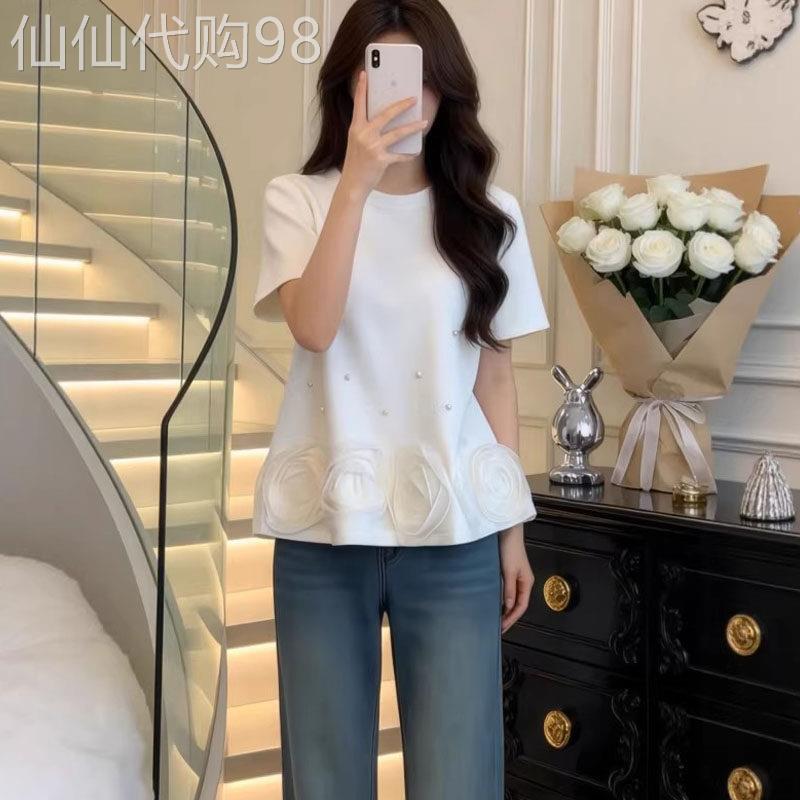 立体花卉钉珠短袖t恤女士夏季2026欧货大尺码胖mm时尚独特漂亮上
