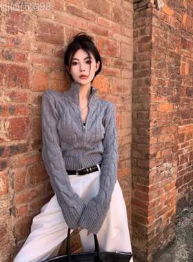 灰色高领毛衣妇女秋冬安科穿美国双拉炼短针织开衫夹克