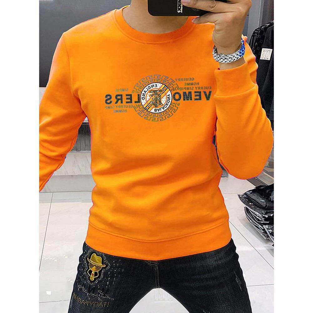 秋冬季新款潮牌圆领卫衣男士欧货高端潮流字母印花修身长袖打底衫