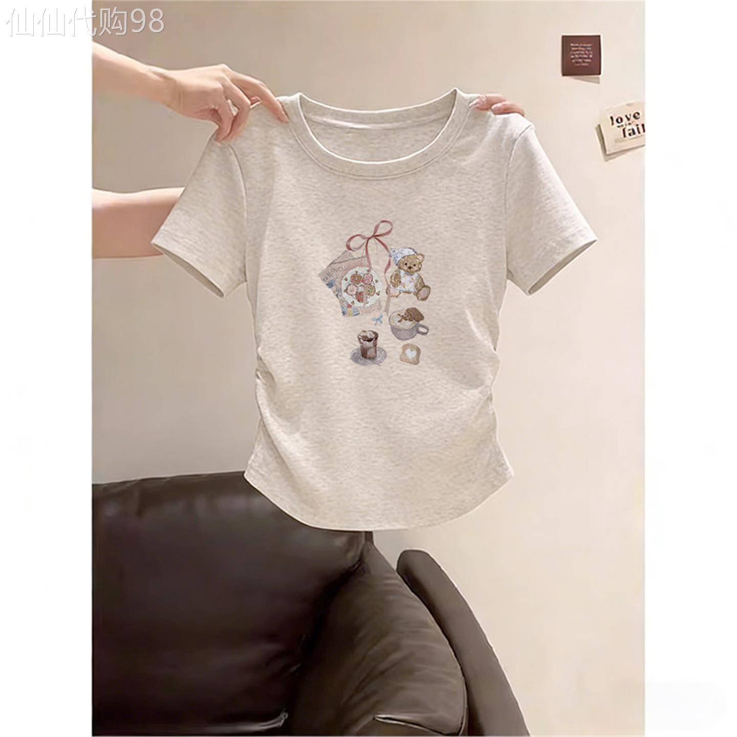 花灰色纯棉印花短袖T恤女夏季褶皱收腰显瘦T恤衫圆领正肩上衣服