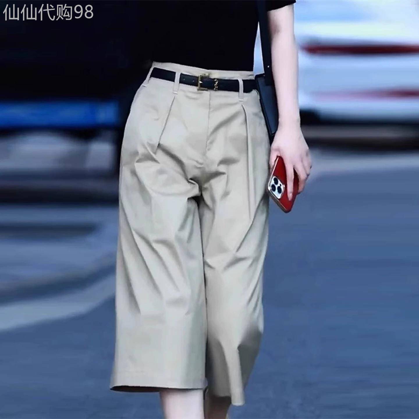复古直筒阔腿西装裤女2026年夏季新款高腰褶皱宽松冰丝六分七分裤