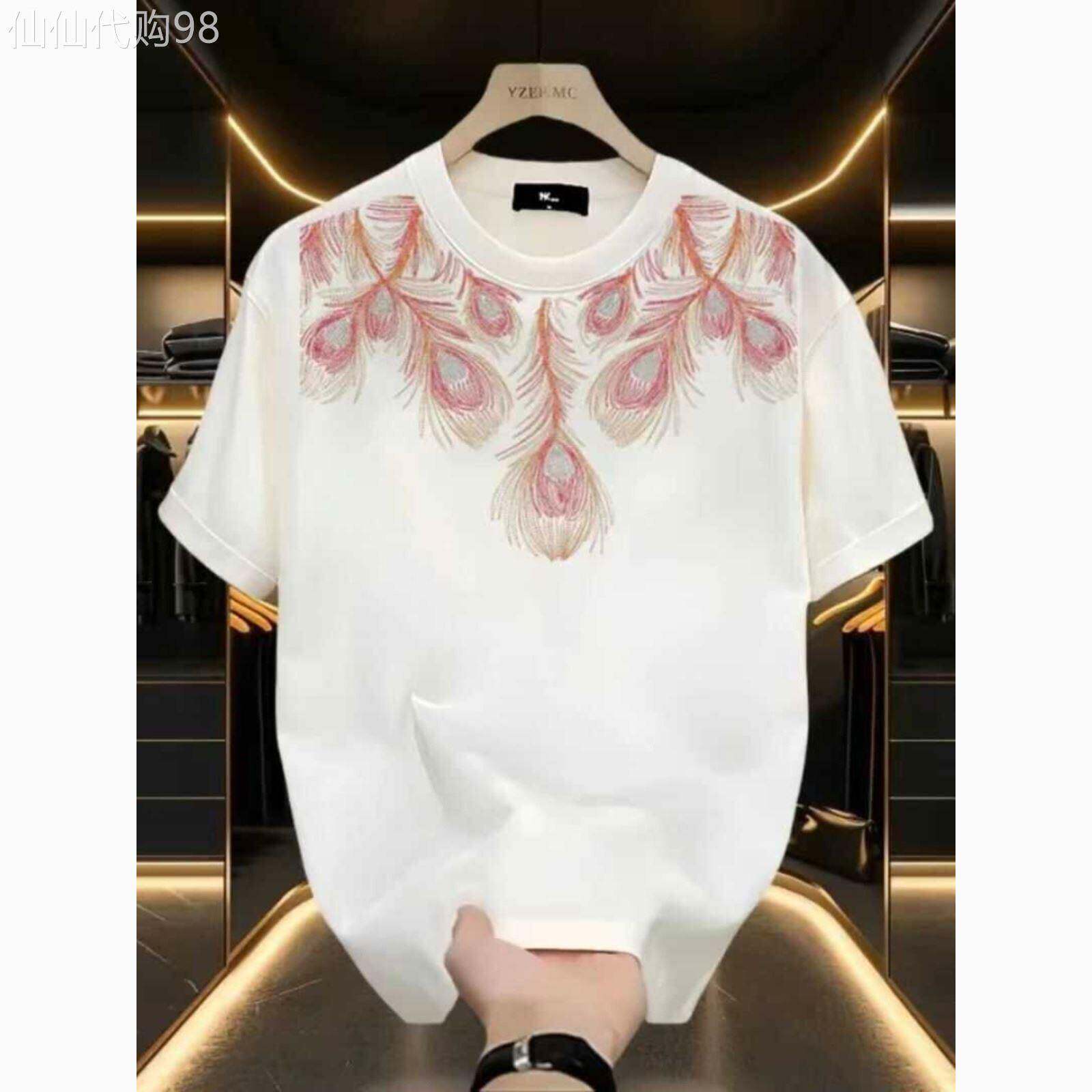 MAROLIO~潮流优品!夏季孔雀羽毛印花重磅纯棉短袖T恤衫男女同款