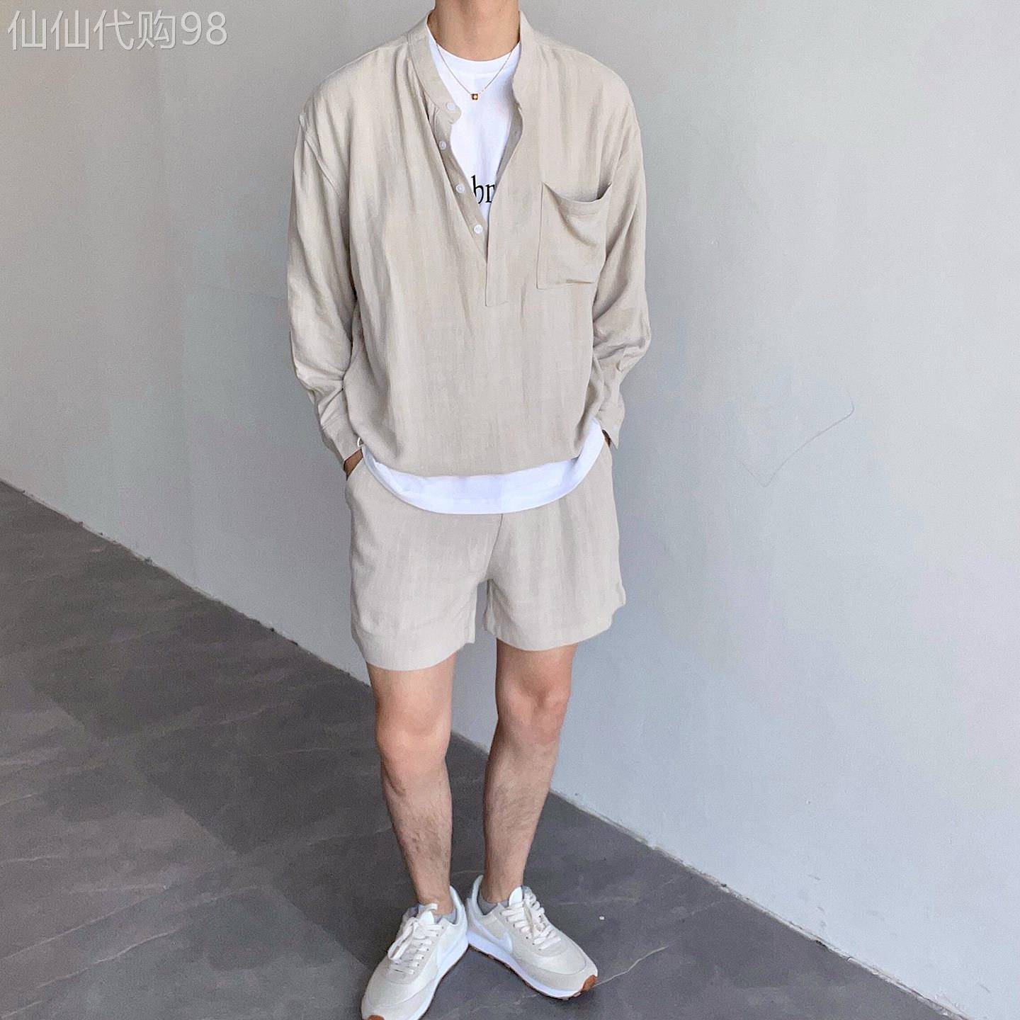 韩国Uamtor套装男夏季2026新款休闲高级简约时尚叠穿亚麻上衣短裤