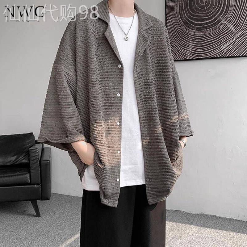 冰丝短袖衬衫男夏季薄款高级感痞帅宽松七分袖衬衣男休闲防晒外套