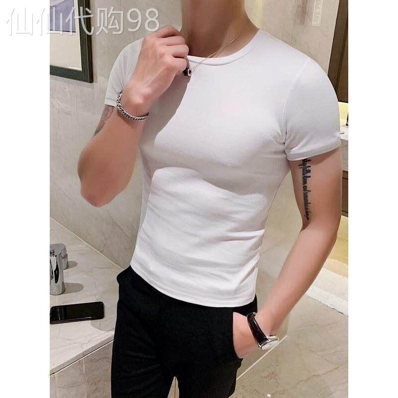 夏季韩版修身弹力短袖T恤型男紧身圆领体恤纯色百搭纯棉男士上衣