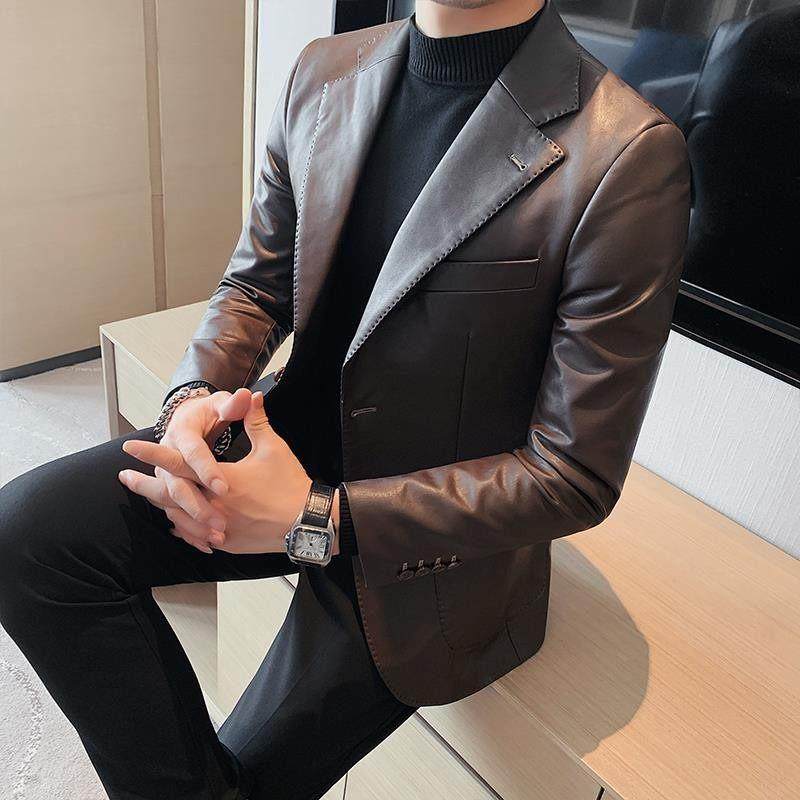 潮牌高级感休闲西装皮衣外套男士春秋韩版潮流百搭修身帅气皮夹克